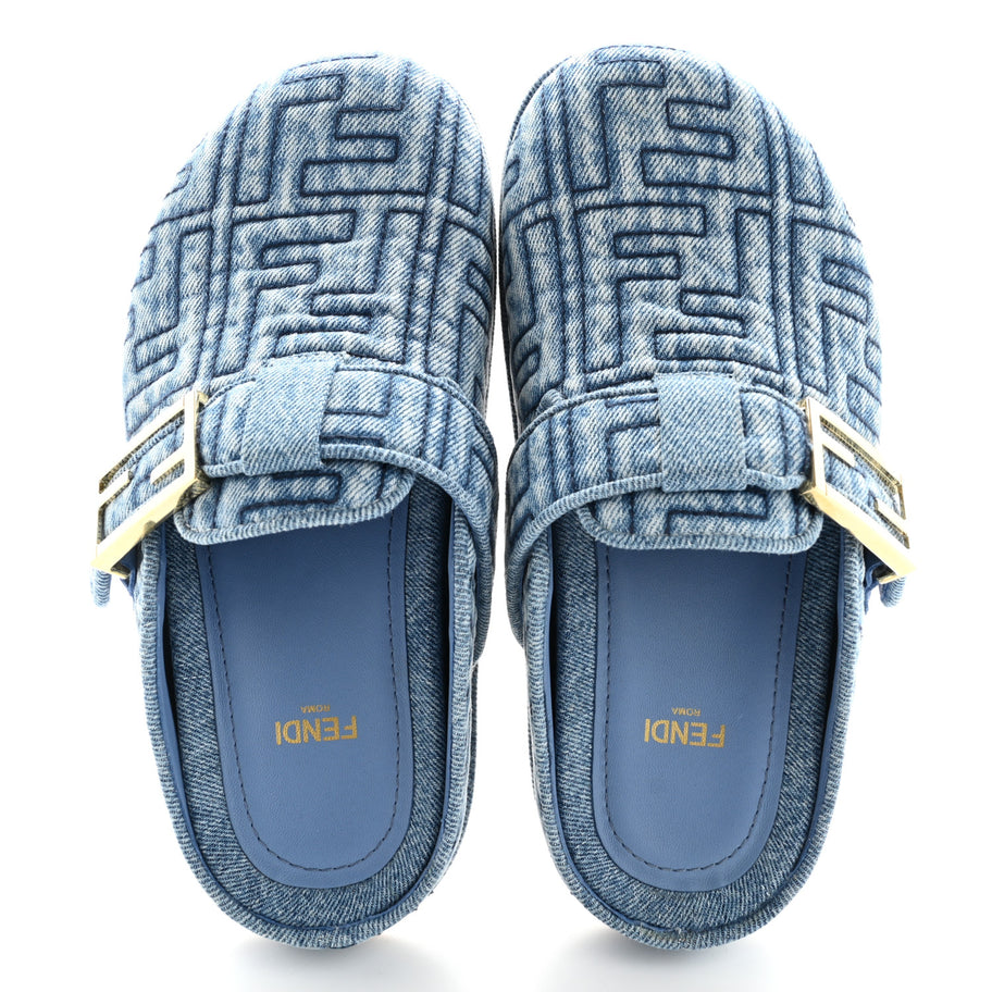 Fendi Denim Jacquard FF Womens Feel Buckled Mules 35 Blue Image 2