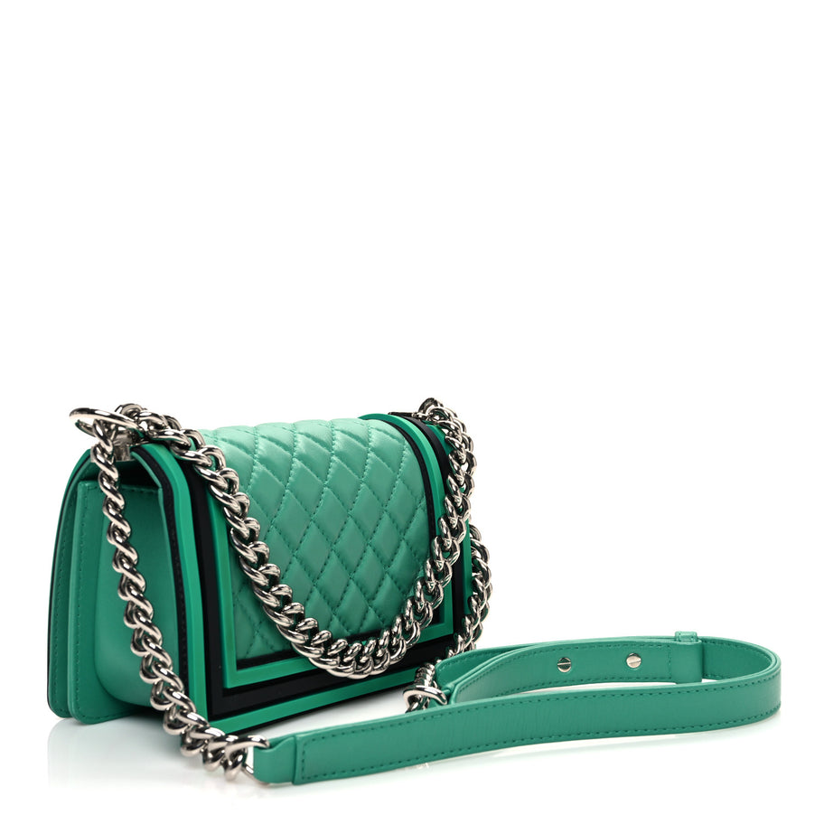 Chanel Lambskin Rubber Quilted Small Tone Boy Flap Green Black Image 3