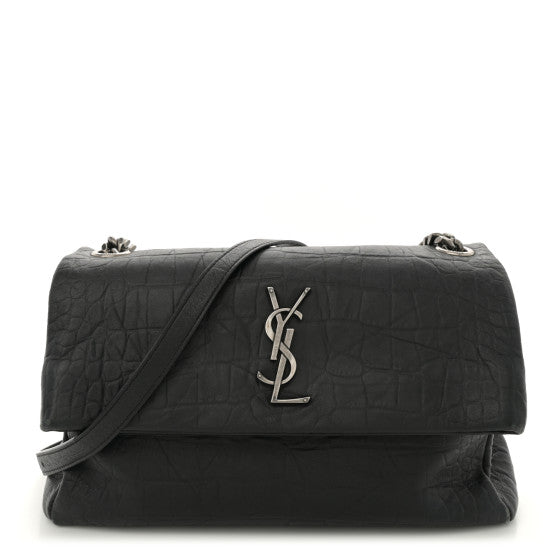 Saint Laurent Calfskin Crocodile Embossed Medium West Hollywood Monogram Fold-Over Black Image 1