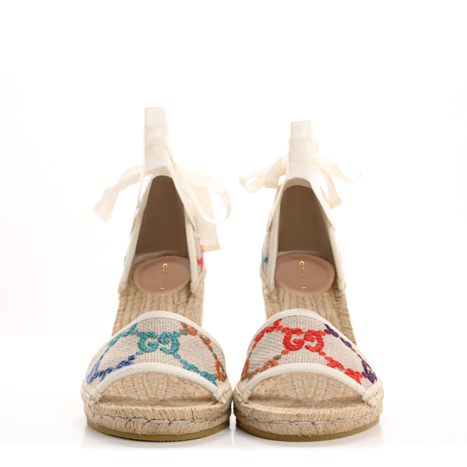 Gucci Linen Psychedelic Mini GG Monogram Ankle Wrap Platform Espadrille Wedge Sandals 39 Multicolor Mystic White Image 3