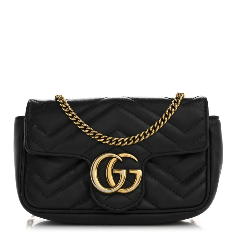  Gucci Calfskin Matelasse Super Mini GG Marmont Shoulder Bag Black
