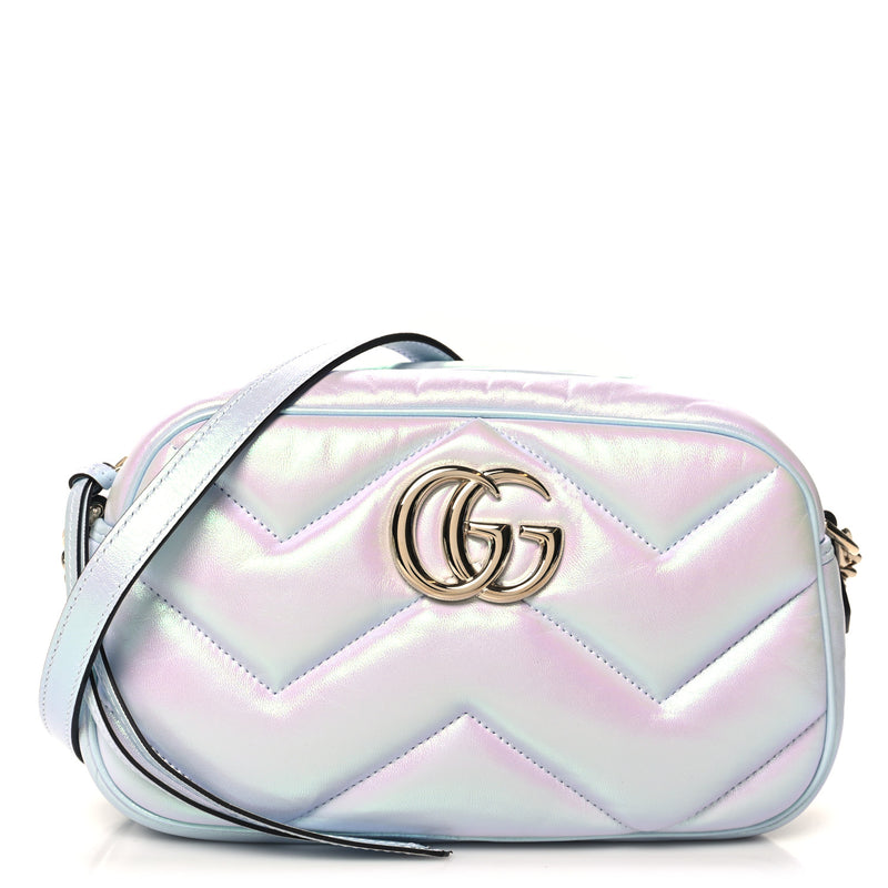  Gucci Iridescent Nappa Chevron Matelasse Small GG Marmont Chain Shoulder Bag Iridescent Snow Light Blue