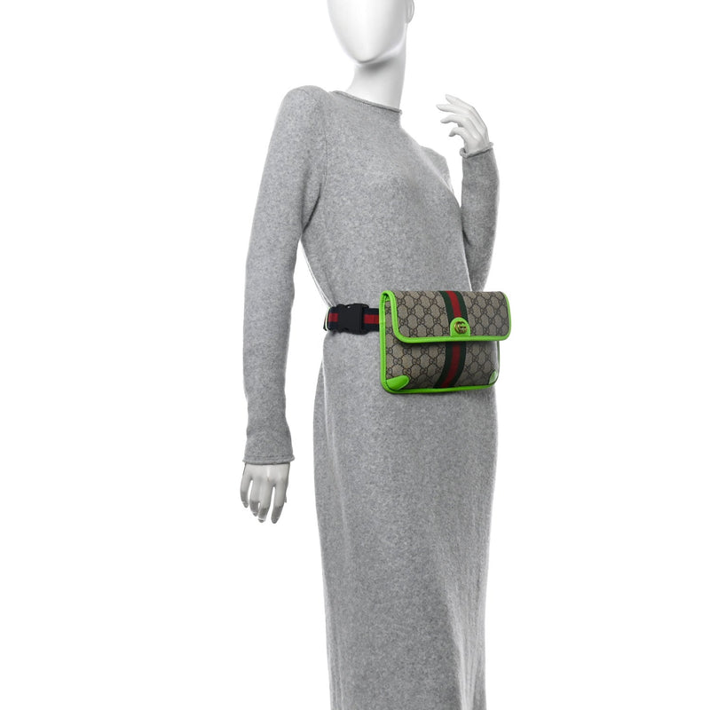  Gucci GG Supreme Monogram Web Small Ophidia Belt Bag Beige Ebony Electric Green