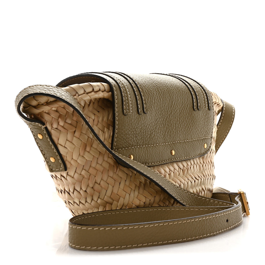 Chloe Raffia Small Grain Calfskin Small Marcie Basket Shoulder Bag Pottery Green Image 3