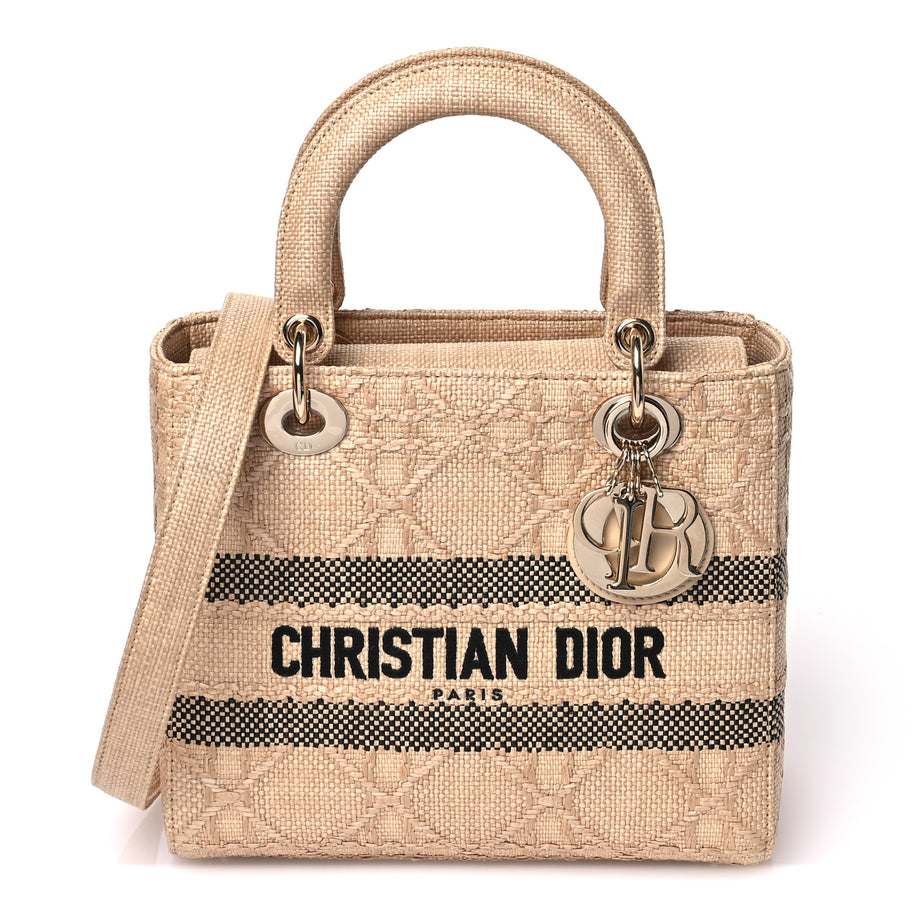 Christian Dior Raffia Woven Cannage Embroidered Medium Lady D-Lite Natural Black Image 1