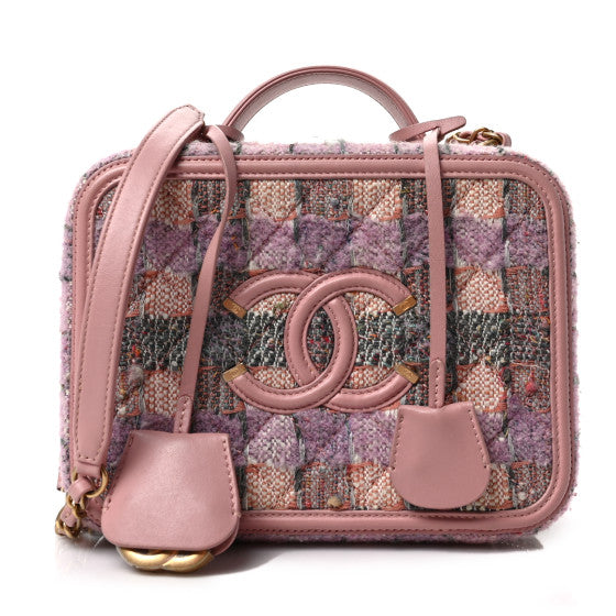  Chanel Tweed Quilted Medium CC Filigree Vanity Case Pink Multicolor