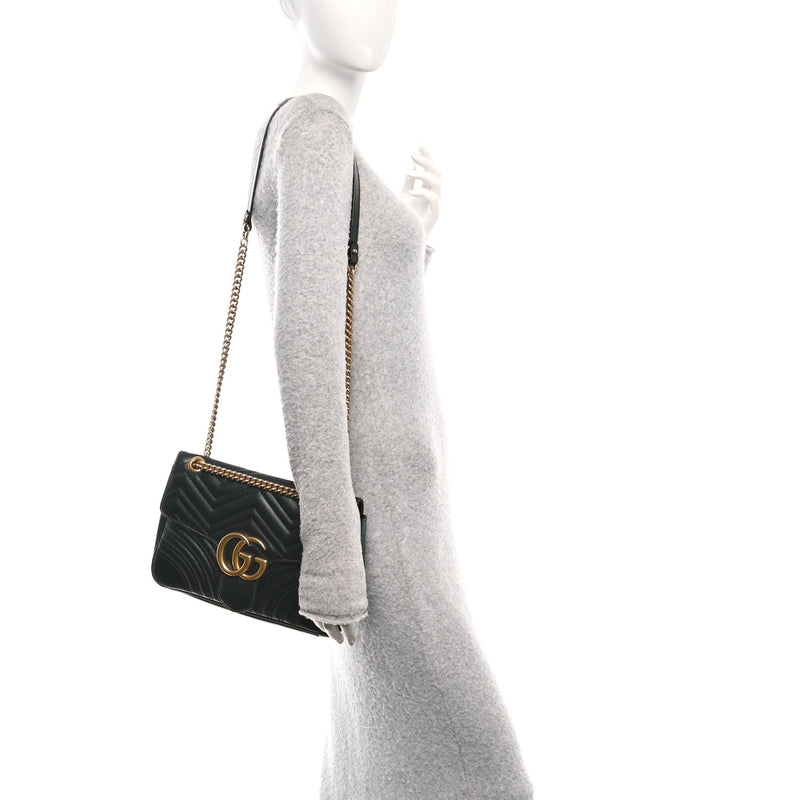  Gucci Calfskin Matelasse Medium GG Marmont Shoulder Bag Black