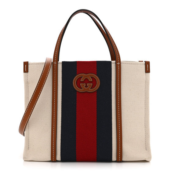 Gucci Canvas Calfskin Web Small Interlocking G Tote Bag Red Blue Image 1