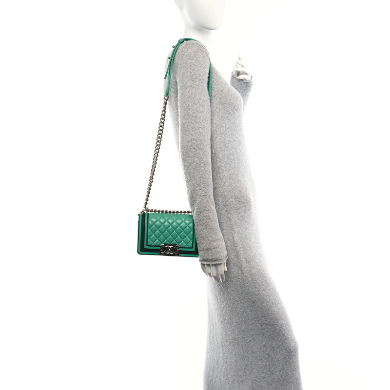  Chanel Lambskin Rubber Quilted Small Tone Boy Flap Green Black