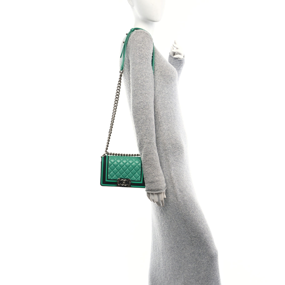 Chanel Lambskin Rubber Quilted Small Tone Boy Flap Green Black Image 2