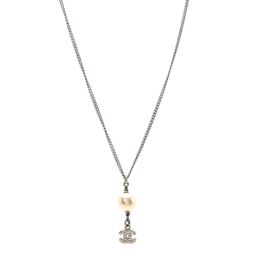 Chanel Pearl Crystal CC Pendant Necklace Silver Image 1