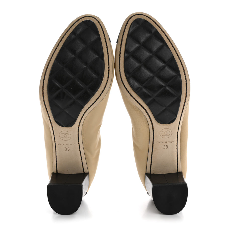 Chanel Lambskin CC Elastic Stretch Pumps 38 Beige Black Image 6