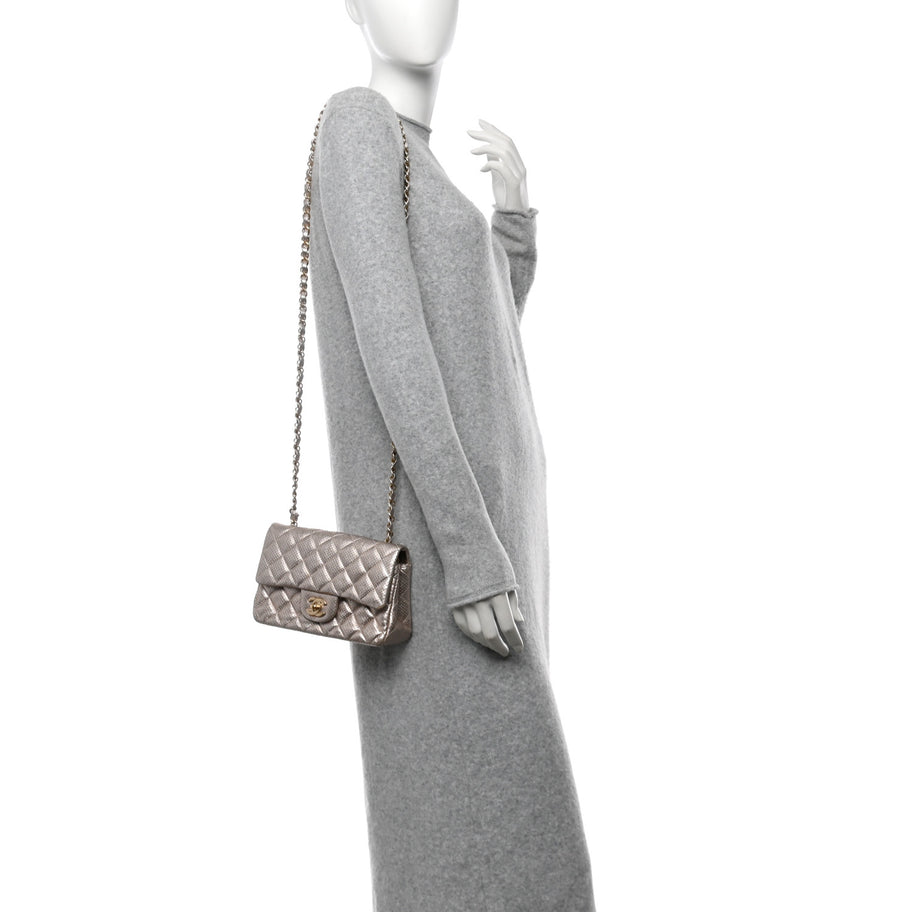 Chanel Metallic Lambskin Perforated Mini Rectangular Flap Light Gold Image 2
