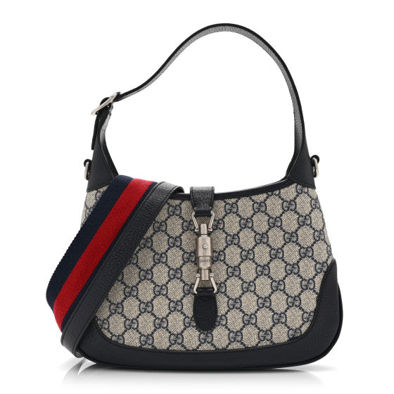  Gucci GG Supreme Monogram Textured Dollar Calfskin Web Small Jackie 1961 Hobo Beige Blue