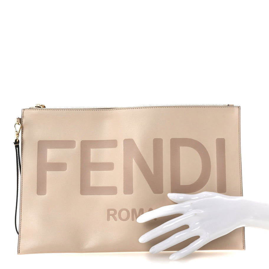 Fendi Vitello King Logo Embossed Large Flat Pouch Poudre Image 2