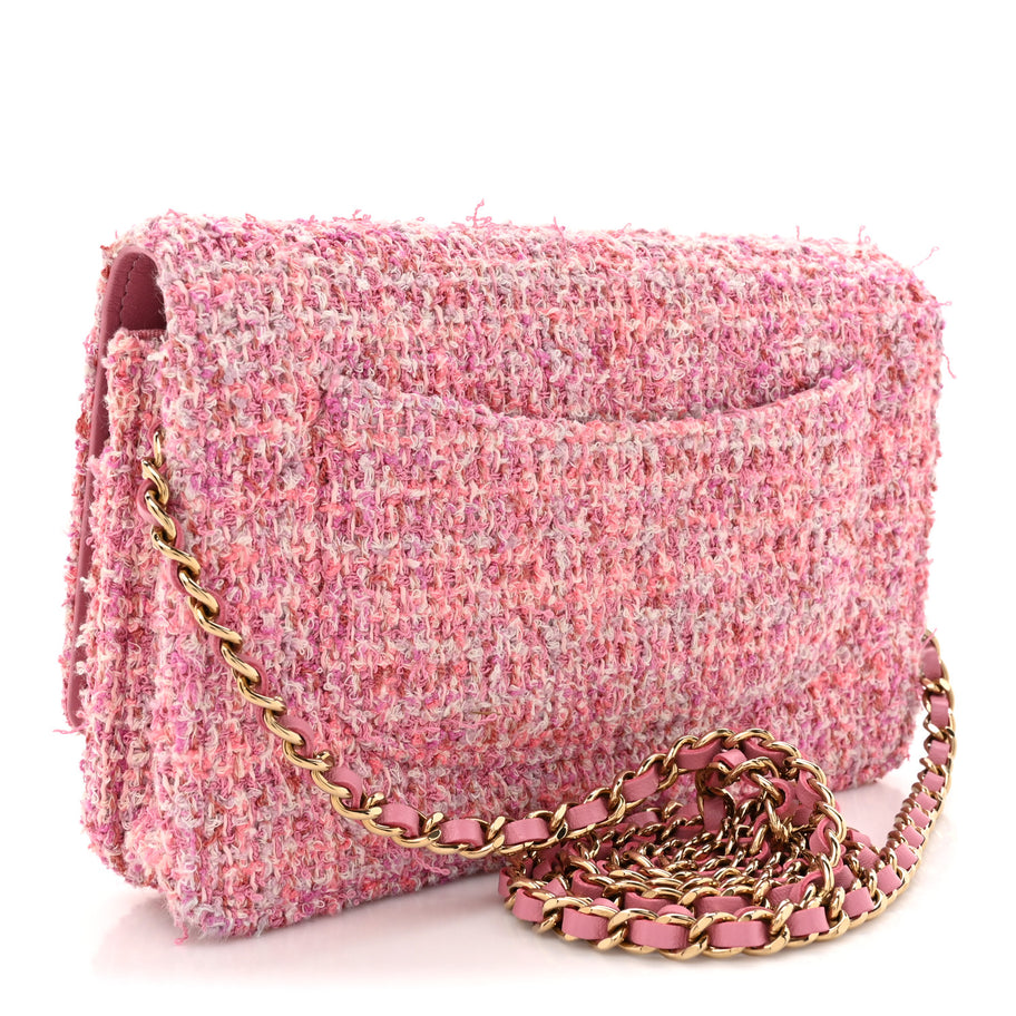 Chanel Tweed Quilted Wallet On Chain WOC Pink Image 3