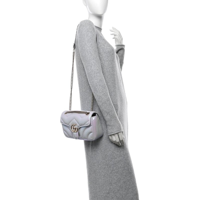  Gucci Iridescent Nappa Chevron Matelasse Small GG Marmont Shoulder Bag Iridescent Snow Light Blue