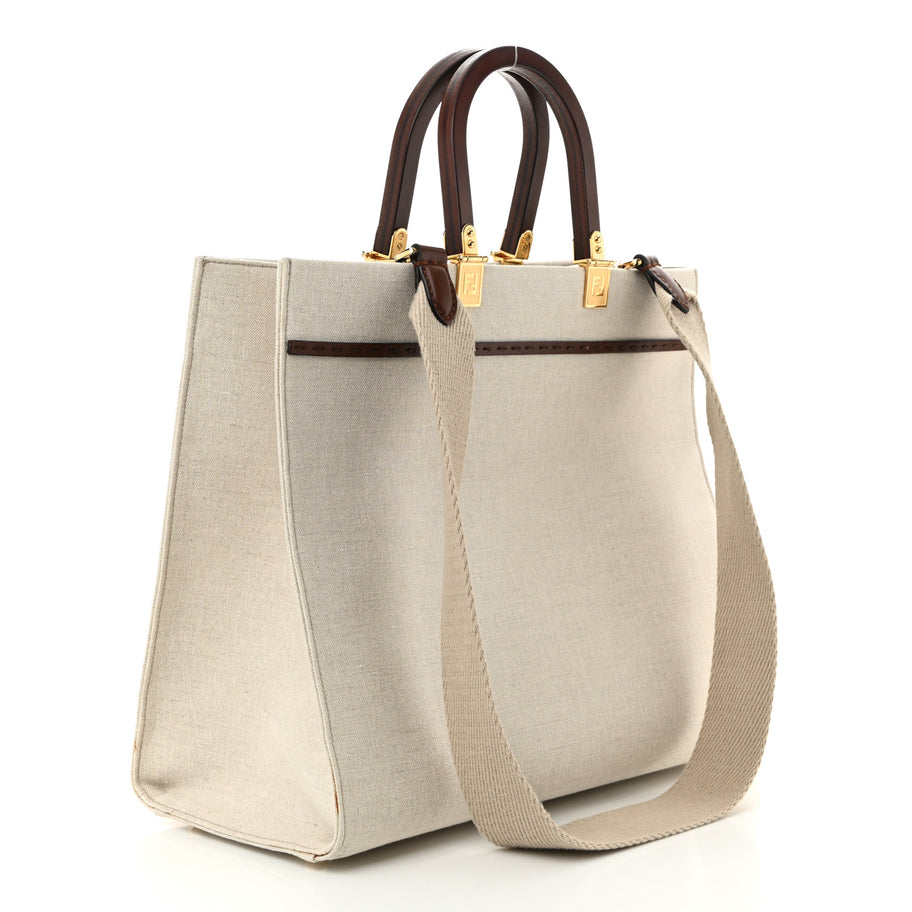 Fendi Canvas Vitello King Logo Embroidered Medium Sunshine Shopper Tote Grezzo Ghianda Image 3