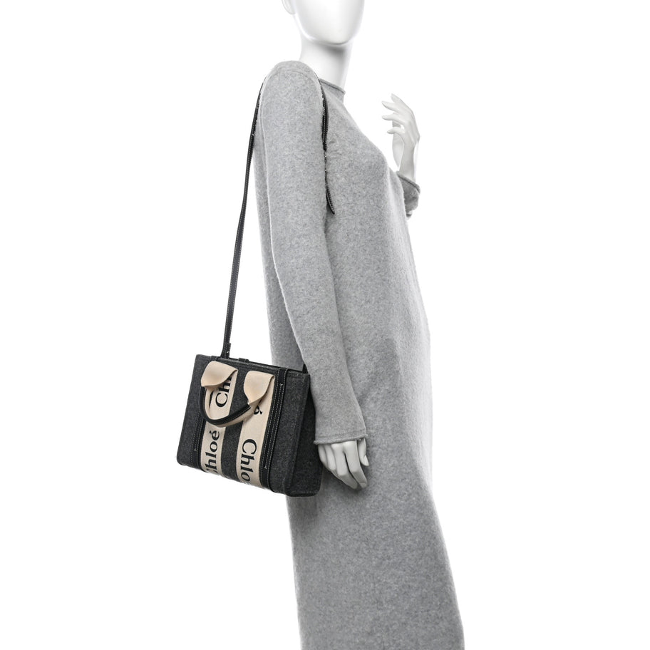 Chloe Felt Calfskin Small Woody Ribbon Tote With Strap Cashmere Grey Image 2