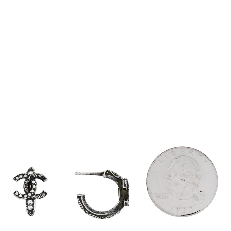  Chanel Metal Crystal CC Hoop Earrings Silver