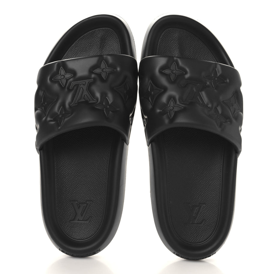 Louis Vuitton Rubber Embossed Monogram Mens Waterfront Mules Black Image 2