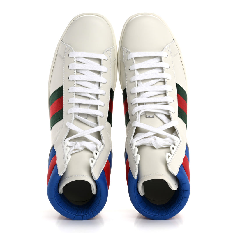  Gucci Calfskin Web Mens Ace High Top Sneakers 9 White Bright Splash
