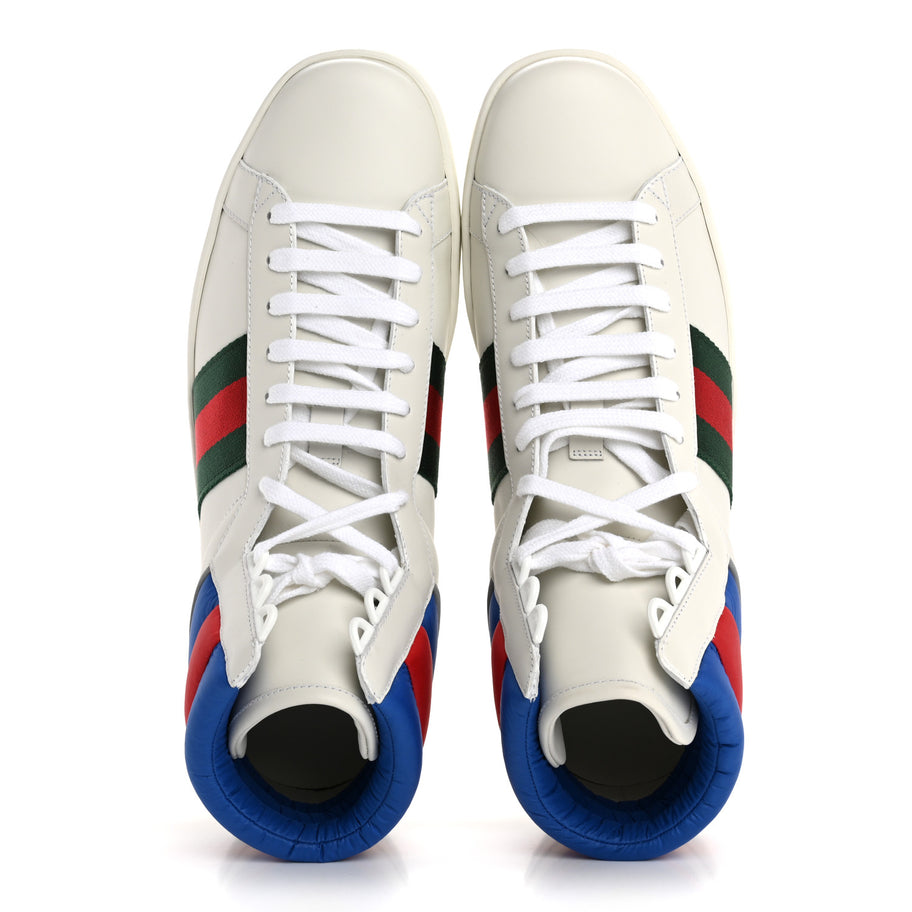 Gucci Calfskin Web Mens Ace High Top Sneakers 9 White Bright Splash Image 2