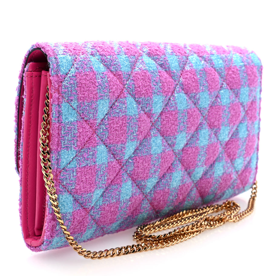 Versace Tweed Quilted Medusa Wallet on Chain Crossbody Pink Blue Image 3