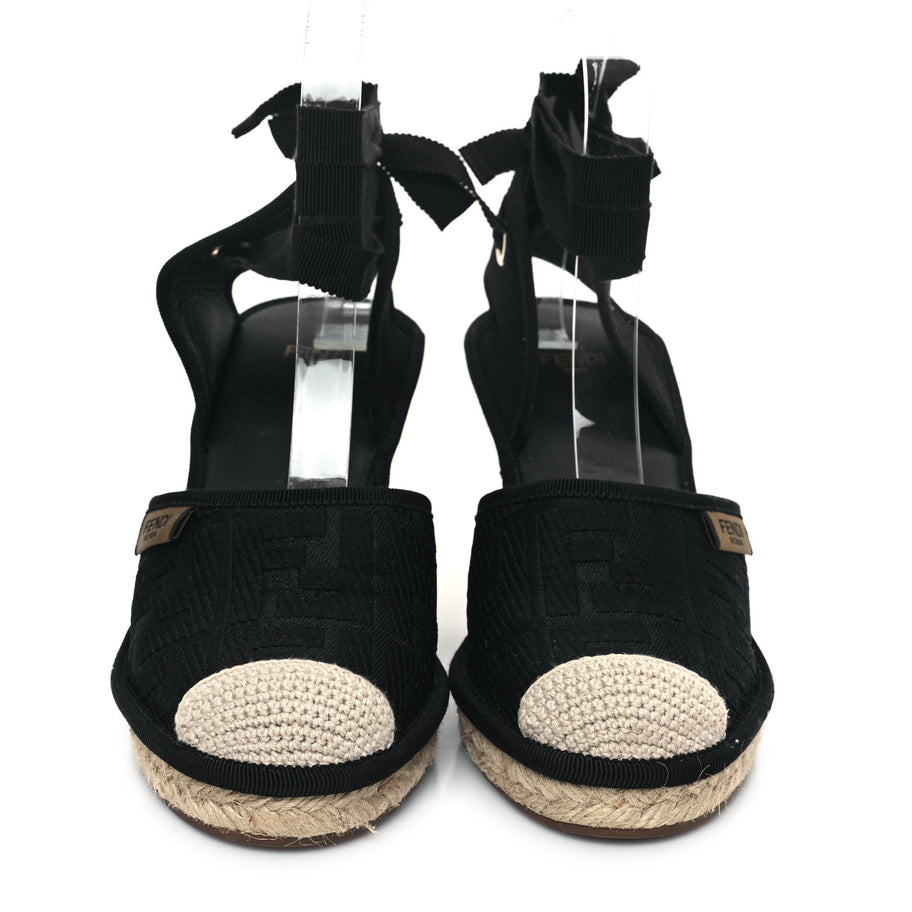 Fendi Canvas FF Embroidered Roma Ankle Wrap Wedge Espadrilles 36 Black Image 2