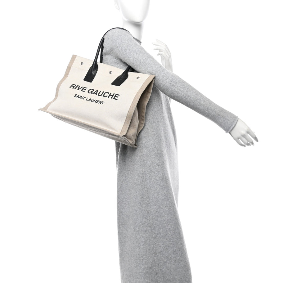Saint Laurent Linen Calfskin Small Rive Gauche Tote Greggio Natural Image 2