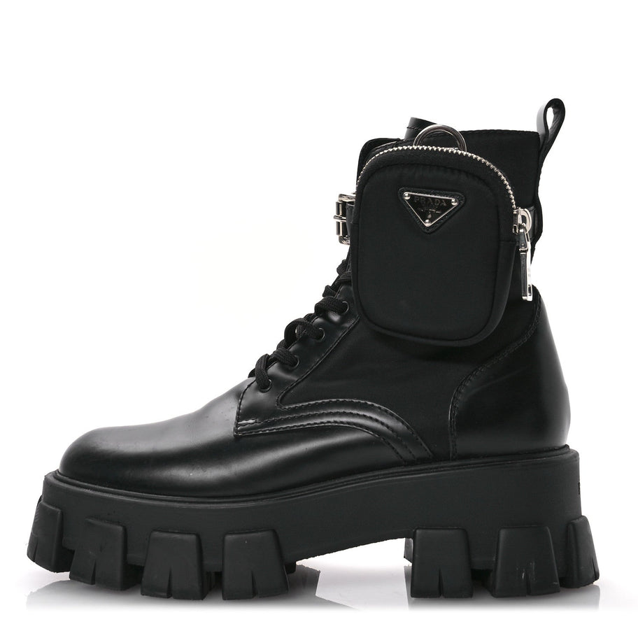 Prada Spazzolato Rois Nylon Metal Triangle Logo Monolith Pouch Pocket 55mm Boots 38.5 Black Image 1