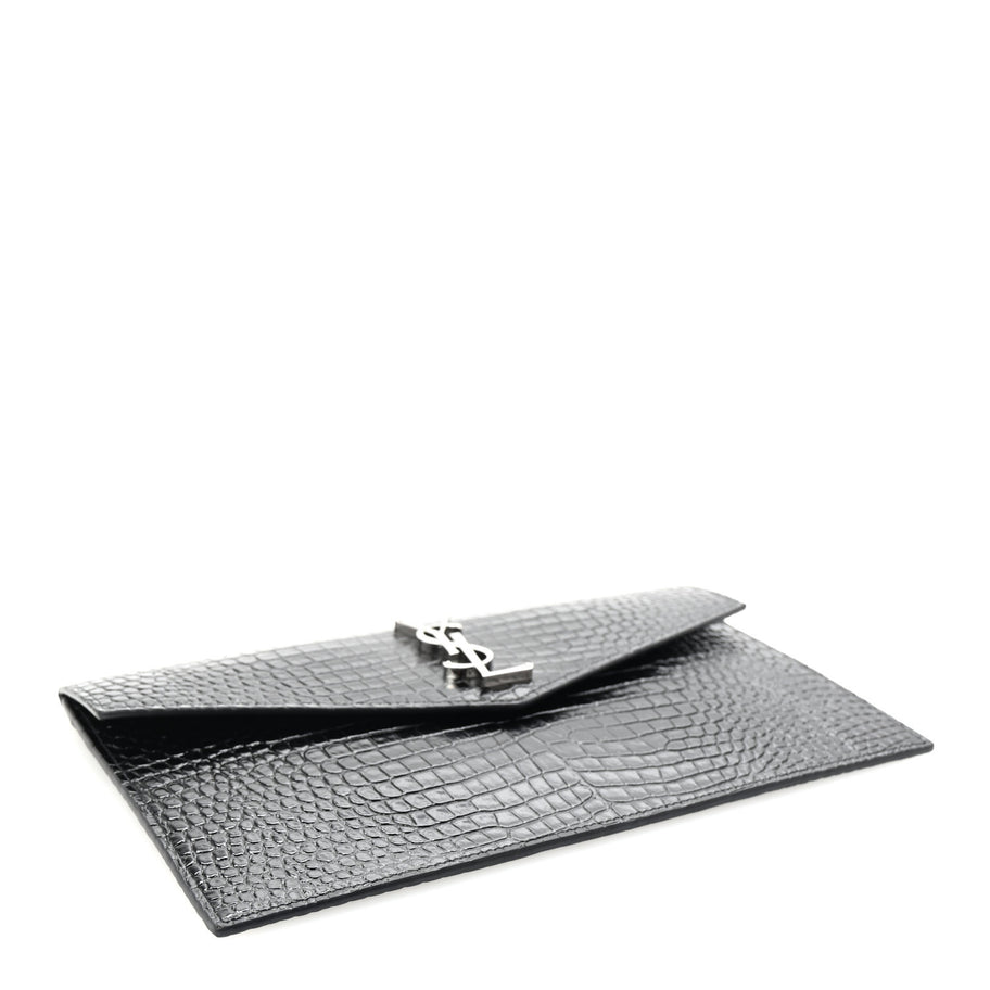 Saint Laurent Calfskin Crocodile Embossed Uptown Monogram Clutch Black Image 4