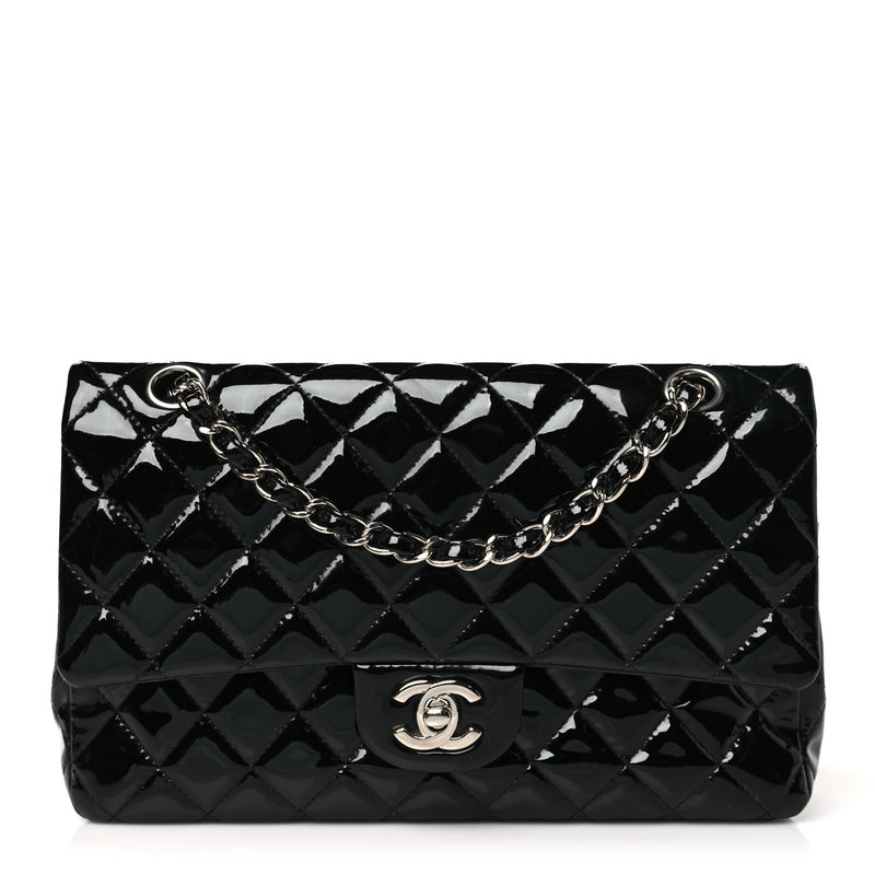  Chanel Patent Quilted Medium Double Flap Black