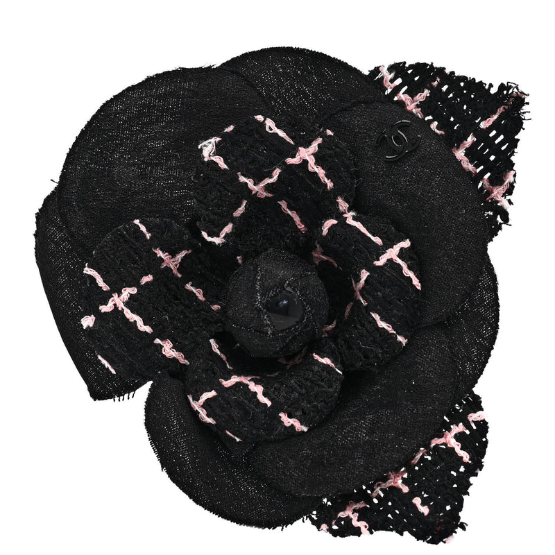  Chanel Tweed Camellia Pin Brooch Black Pink