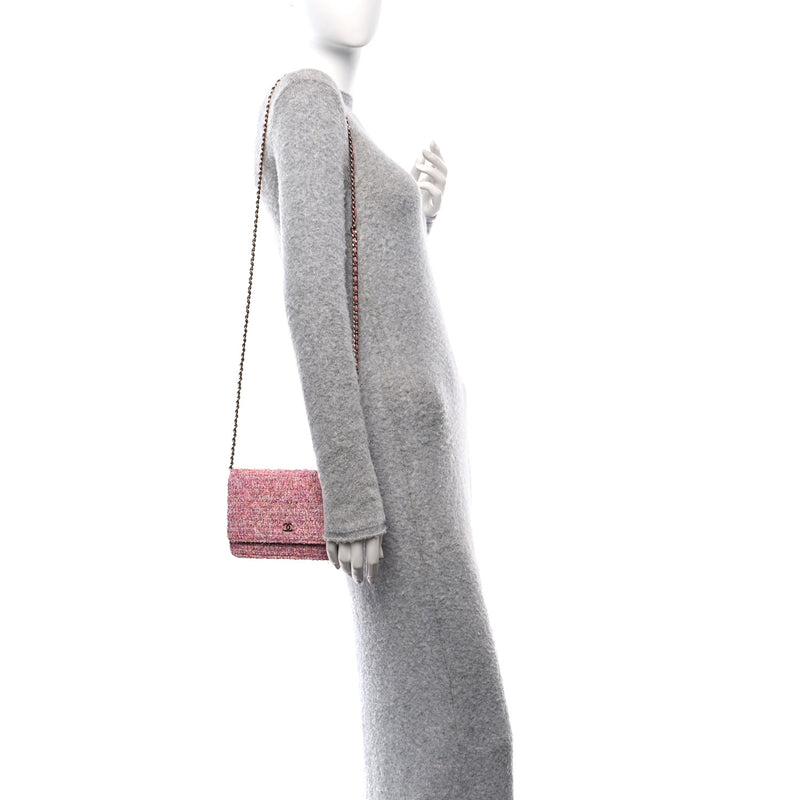  Chanel Tweed Quilted Wallet On Chain WOC Pink