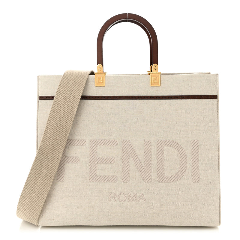  Fendi Canvas Vitello King Logo Embroidered Medium Sunshine Shopper Tote Grezzo Ghianda