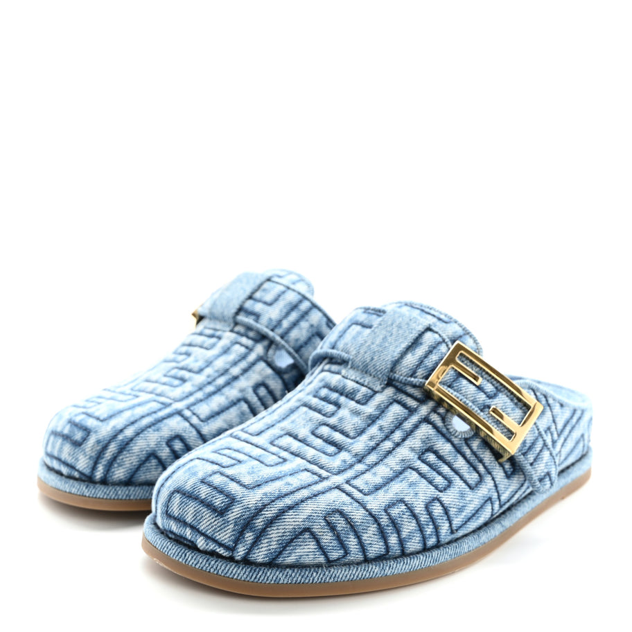 Fendi Denim Jacquard FF Womens Feel Buckled Mules 35 Blue Image 4