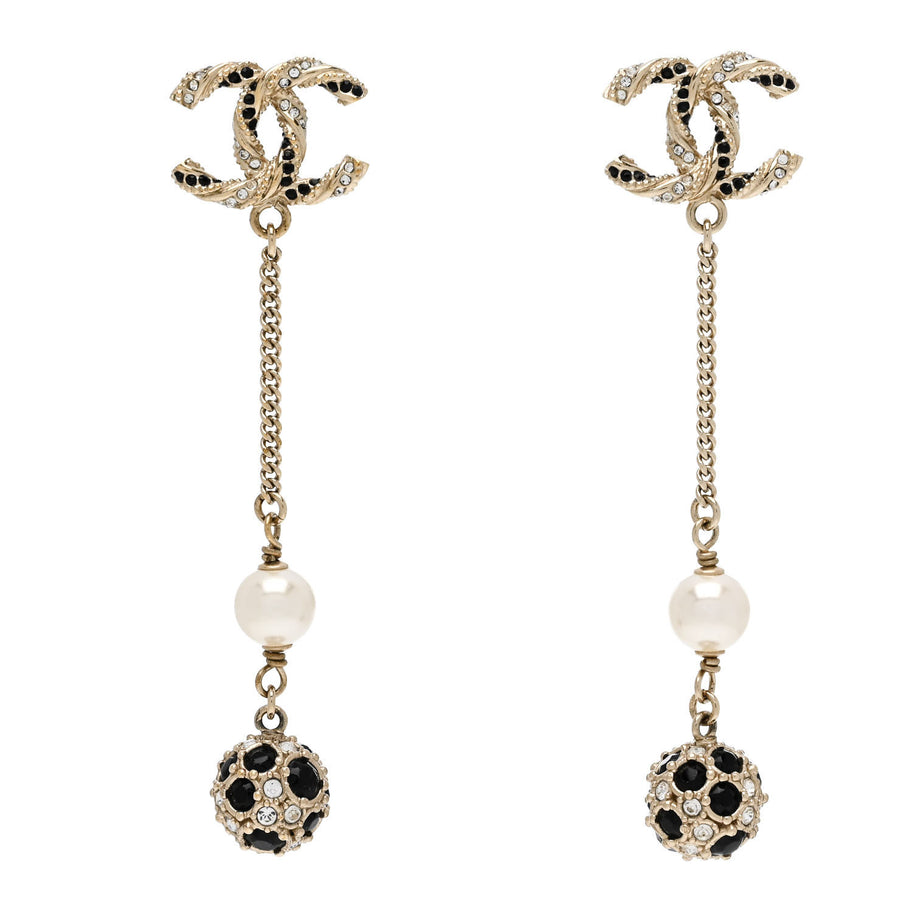 Chanel Crystal Pearl CC Ball Chain Drop Earrings Gold Black Image 1