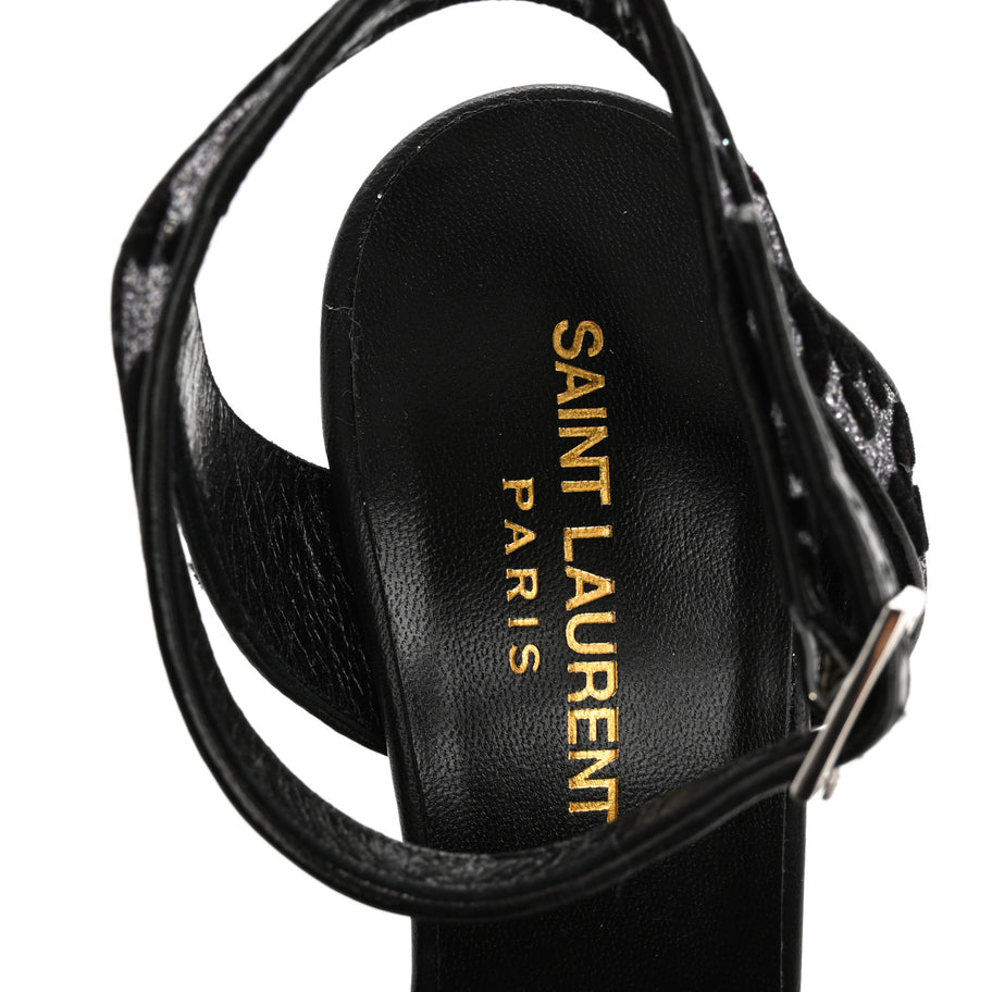 Saint Laurent Velvet Glitter Leopard Print Platform Sandals 37 Argento Black Image 7