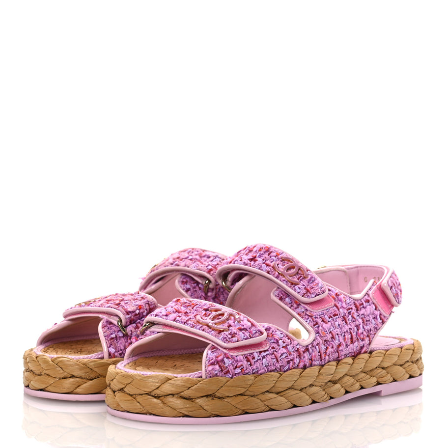 Chanel Tweed Patent Calfskin Velcro Dad Sandals 36 Light Purple Pink Red Image 4