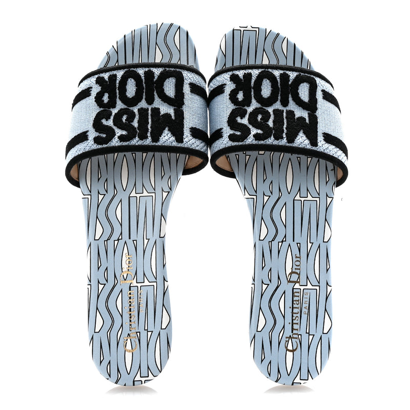  Christian Dior Canvas Miss Dior Embroidered Dway Flat Slide Sandals 37.5 Azure Pale