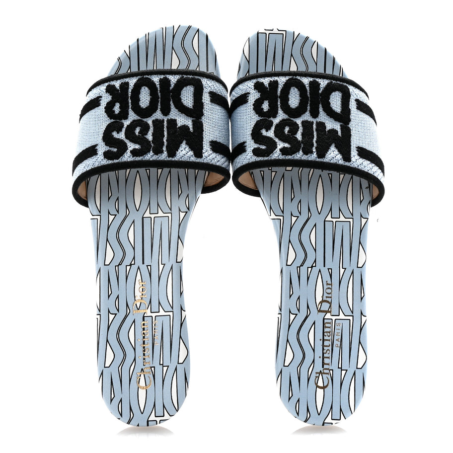 Christian Dior Canvas Miss Dior Embroidered Dway Flat Slide Sandals 37.5 Azure Pale Image 2