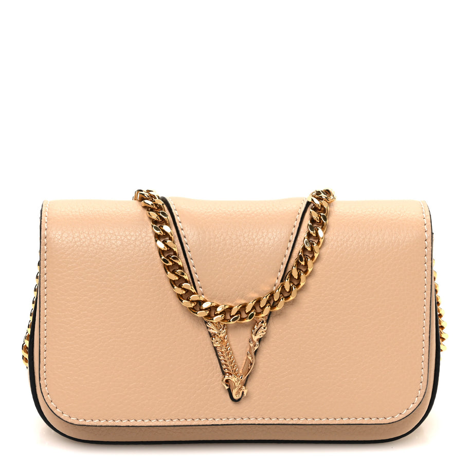 Versace Grained Calfskin Virtus Mini Chain Bag Beige Image 1