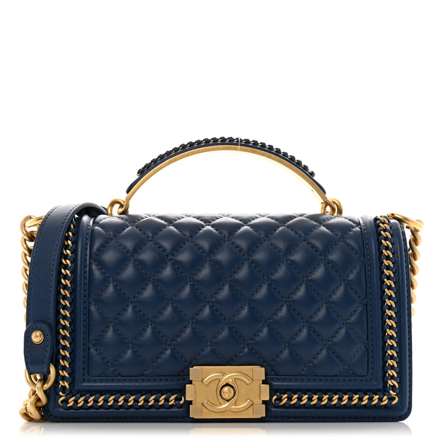 Chanel Lambskin Quilted Medium Top Handle Boy Flap Dark Blue Image 1