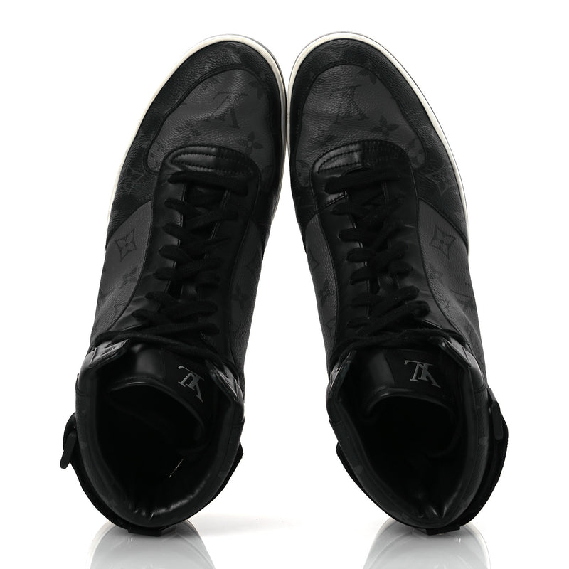  Louis Vuitton Calfskin Monogram Eclipse Mens Rivoli High Top Sneakers 10.5 Black Grey