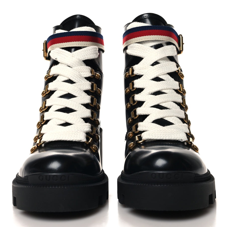 Gucci Calfskin Sylvie Web Lace Up Combat Boots 35 Black Image 3