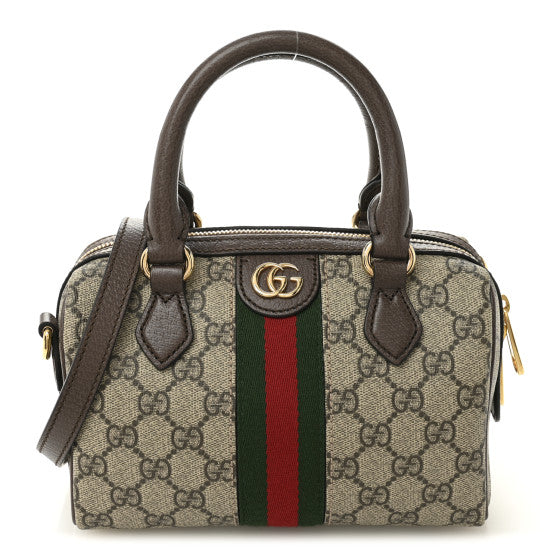  Gucci GG Supreme Monogram Textured Dollar Calfskin Web Mini Ophidia Top Handle Bag Beige Ebony New Acero