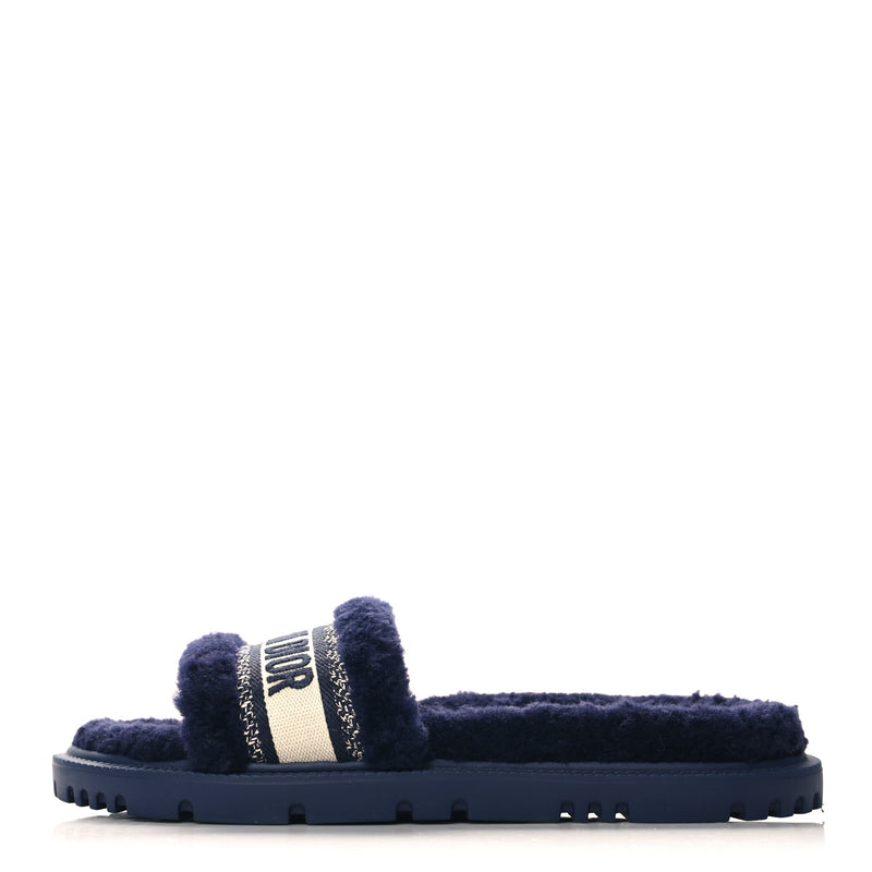  Christian Dior Shearling Canvas Lurex Embroidered Dway 10mm Slide Sandals 41 Navy Natural