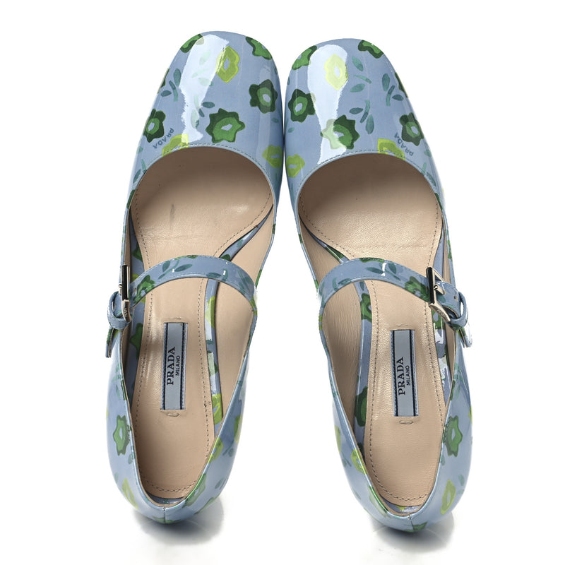  Prada Patent Floral Mary Jane 65mm Pumps 38 Blue