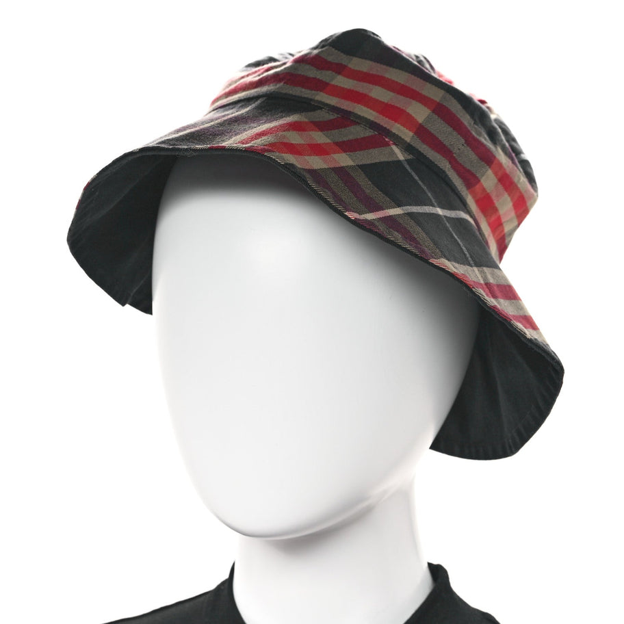 Burberry Technical Cotton Vintage Check Wide Brim Bucket Hat Black Red Image 2